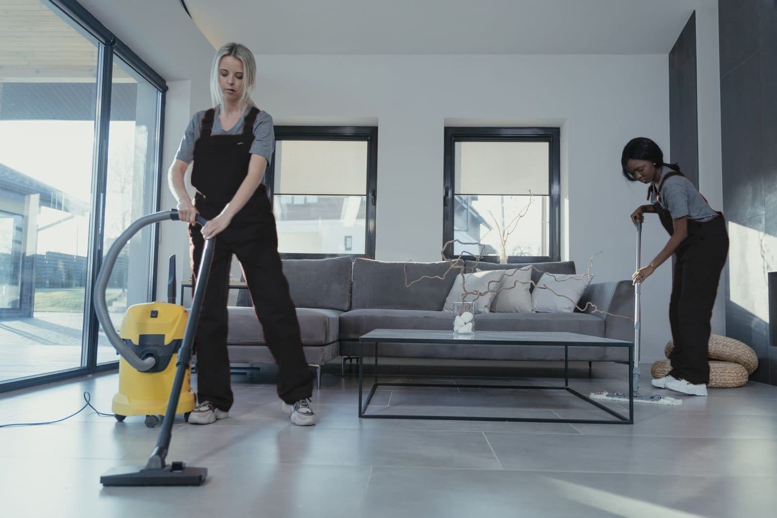 Two professional cleaners in a finished living room